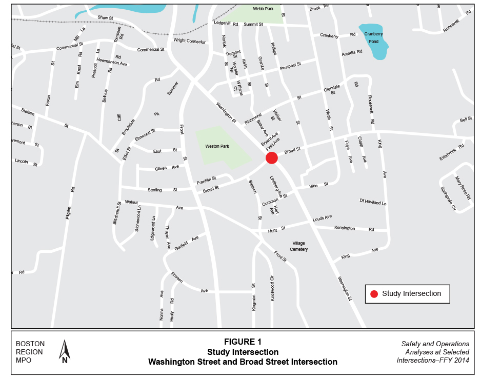 FIGURE 1. Computer-drawn map that shows the location of the study intersection and nearby streets