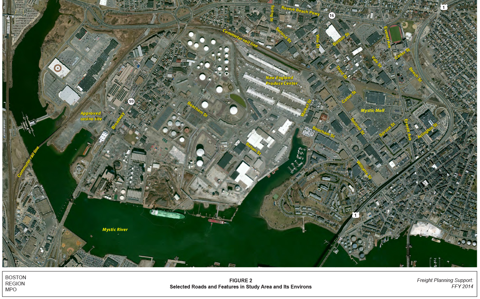 FIGURE 2. Selected Roads and Features in the Study Area and Its Environs
This map shows just the Study Area. Streets and highways mentioned in the text are labeled, as are several important locations including the commuter rail line, Mystic Mall, New England Produce Center, and the approved casino site.