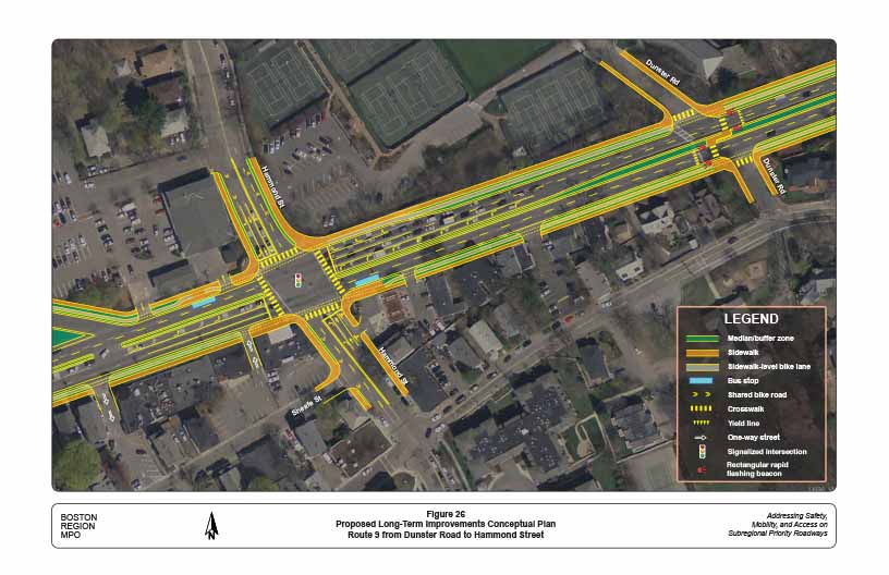 Figure 26. Proposed Long-Term Improvements Conceptual Plan: Route 9 from Dunster Road to Hammond Street
This figure shows a conceptual plan of the proposed long-term improvements in the section of Route 9 from Dunster Road to Hammond Street.