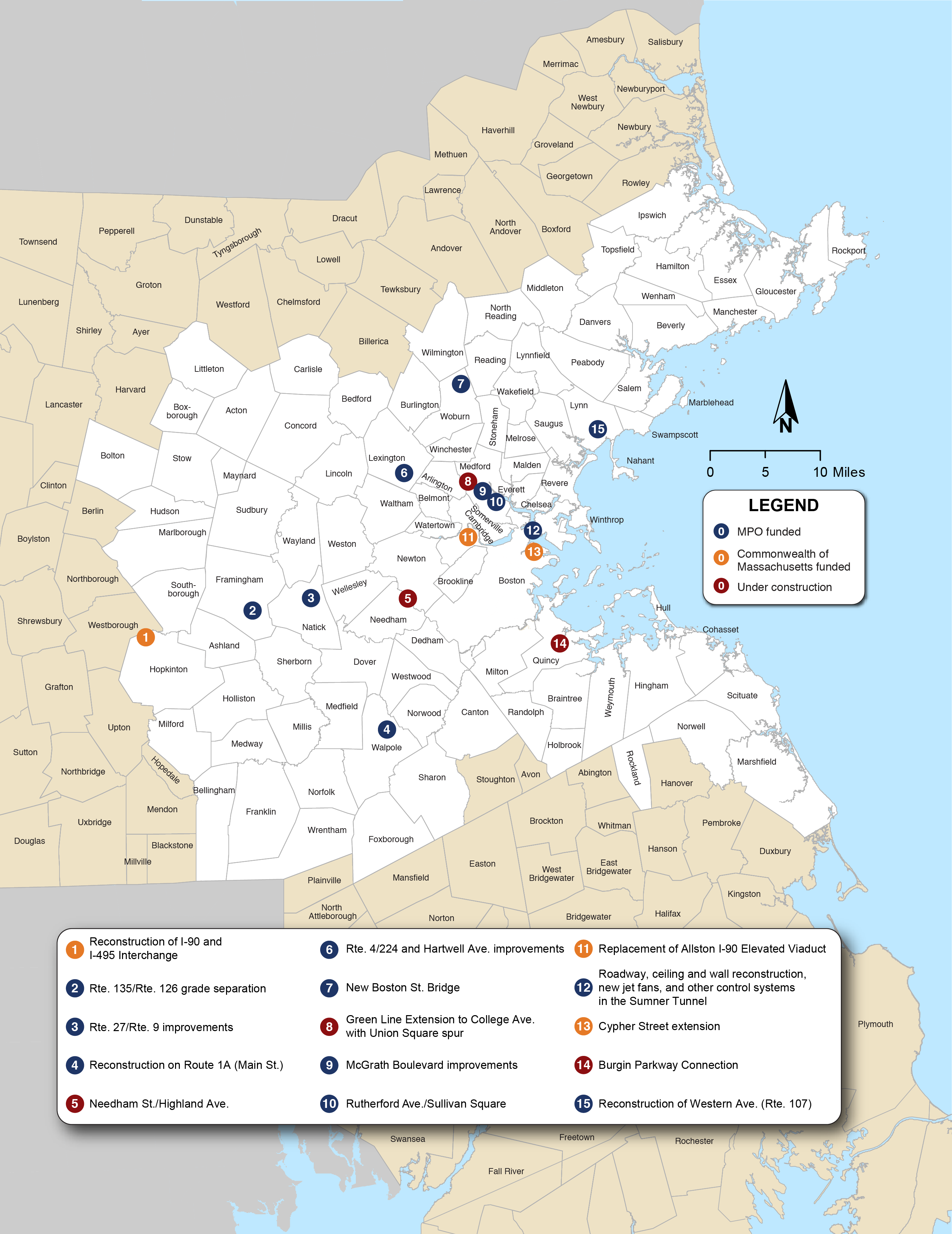 Figure 4-1. Major Infrastructure Projects in the Recommended Plan
Figure 4-1 is a map of the Boston Region that shows the location and name of 15 major infrastructure projects. Figure 4-1 also shows whether the project is MPO funded, Commonwealth of Massachusetts funded, or a No-build project.