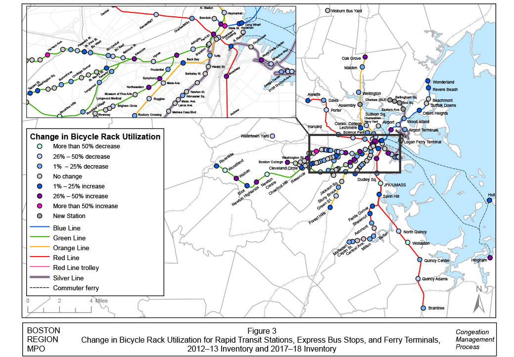 Figure 3 Change in Bicycle Rack Utilization for Rapid Transit Stations, Express Bus Stops, and Ferry Terminals, 2012–13 Inventory and 2017–18 Inventory
This is a full-page, color-coded map in landscape format of the park-and-ride lots in the study area. It presents the change in bicycle parking utilization for rapid transit stations, express bus stops, and ferry terminals between the 2012–13 and 2017–18 inventories, according to the following parameters: Change in Bicycle rack utilization: turquoise represents more than a 50 percent decrease, light blue represents 26 percent to 50 percent decrease, sky blue represents 1 percent to 25 percent decrease, light grey represents no change, dark blue represents 1 percent to 25 percent increase, purple represents 26 percent to 50 percent increase, magenta represents more than 50 percent increase, dark grey represents a new station. Other map keys are: a blue line equals MBTA Blue Line, a green line equals MBTA Green Line, an orange line equals MBTA Orange Line, a red line equals MBTA Red Line, a magenta line equals MBTA Red Line trolley, a purple line equals MBTA Silver Line, and a dashed black line equals MBTA Commuter Ferry.