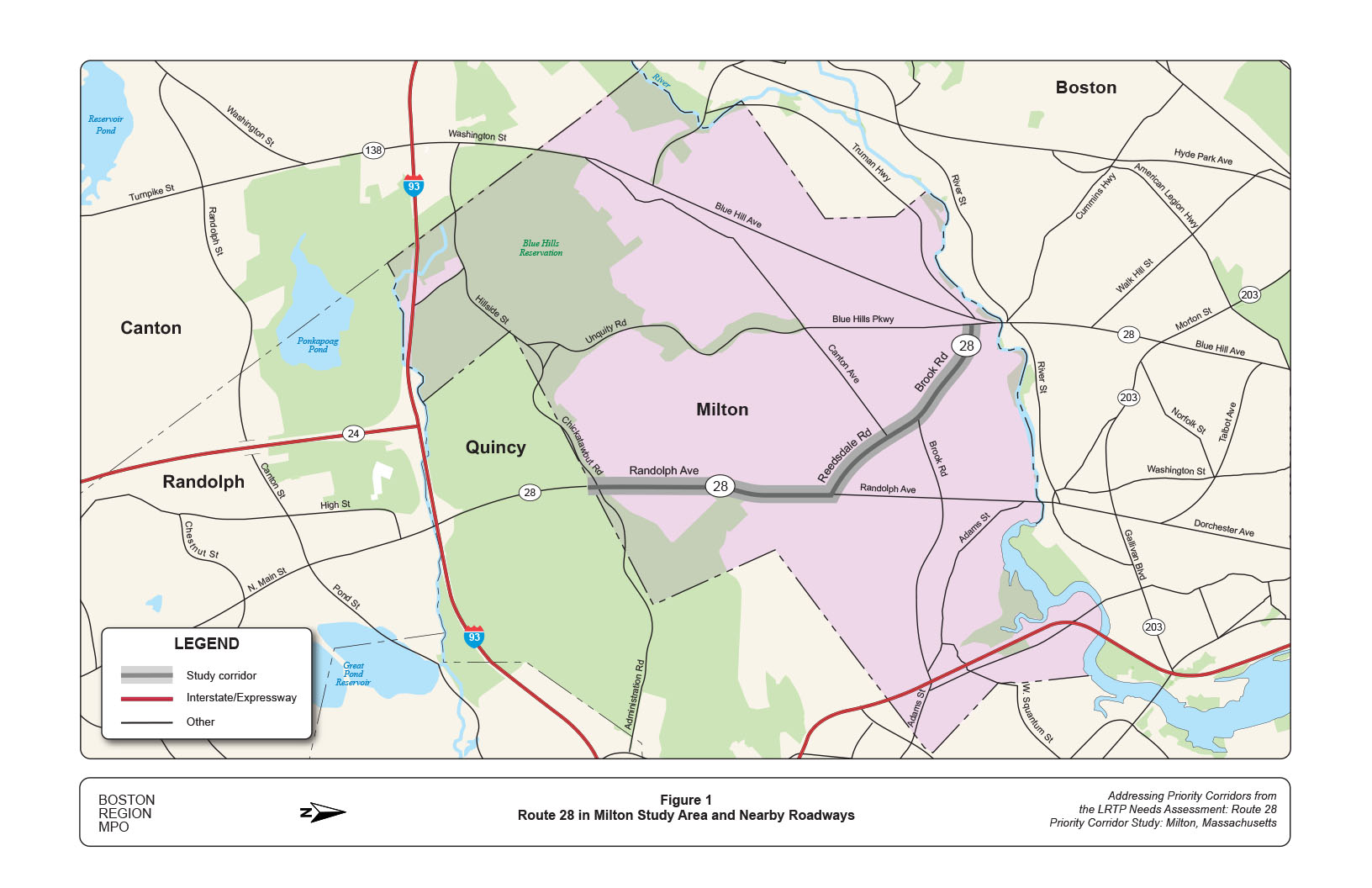 Figure 1
Route 28 in Milton Study Area and Nearby Roadways
Figure 1 is a map of the study area—Route 28 in Milton and surrounding roadways.