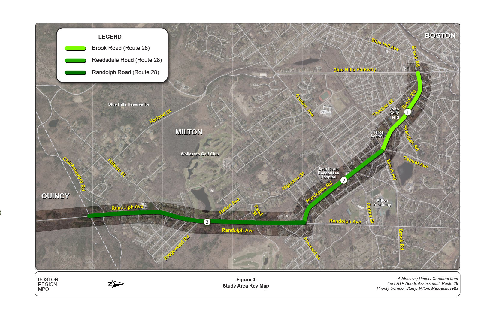 Figure 3
Study Area Key Map
Figure 3 is a map of the corridor showing the three segments for evaluation: Brook Road, Reedsdale Road, and Randolph Avenue.