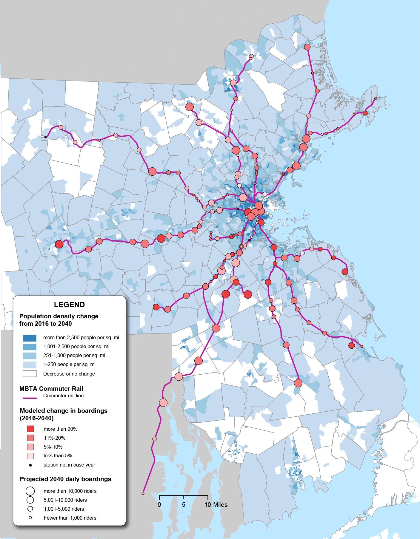Figure 6-10 is a map of the Boston Region with MBTA Commuter Rail Lines overlaid with population density. Figure 6-10 also includes points reflecting the modeled change in boardings from 2016-2040 and Projected 2040 daily boardings.