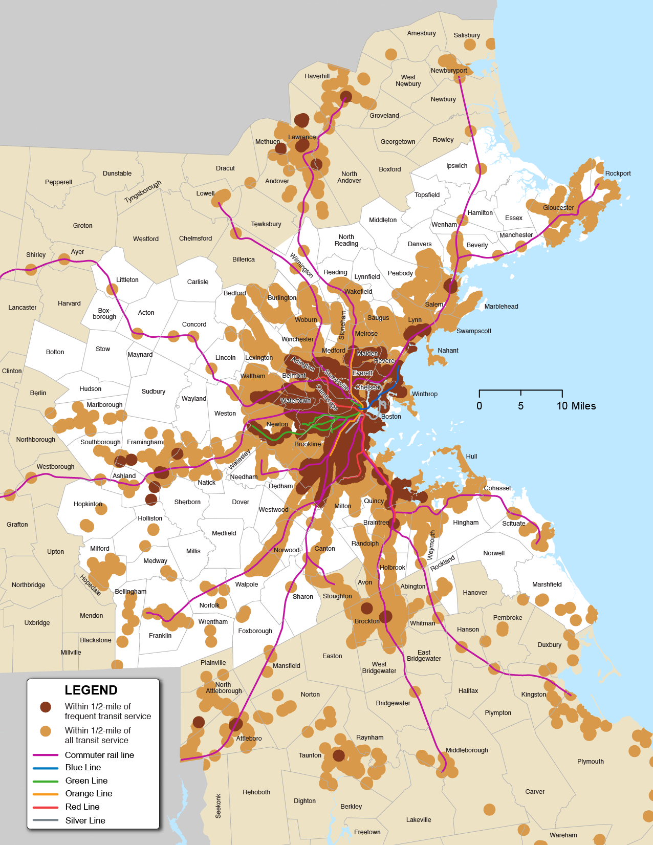 Figure 6-12 is a map of the Boston Region with MBTA Commuter Rail and Rapid Transit Lines. Figure 6-12 highlights areas within ½ mile of frequent transit service and within ½ mile of all-transit service in different shades.