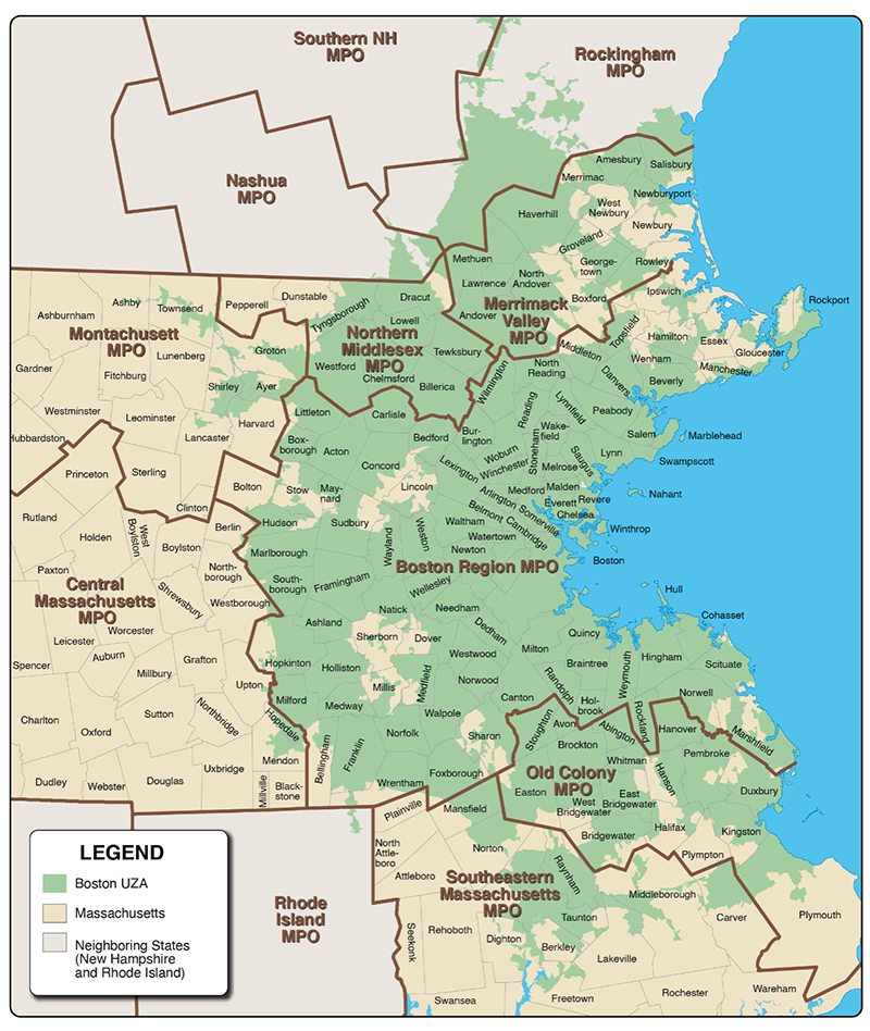 Figure 1 is a map showing the extent of the Boston MA-NH-RI Urbanized Area and the states and MPOs that overlap that area. Figure 1 is a map showing the extent of the Boston MA-NH-RI Urbanized Area and the states and MPOs that overlap that area.