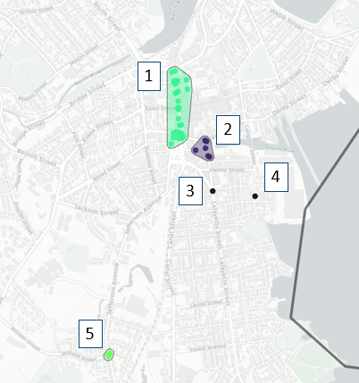 Map of Salem, Massachusetts with five clusters of five percent of prioritized crosswalks. 