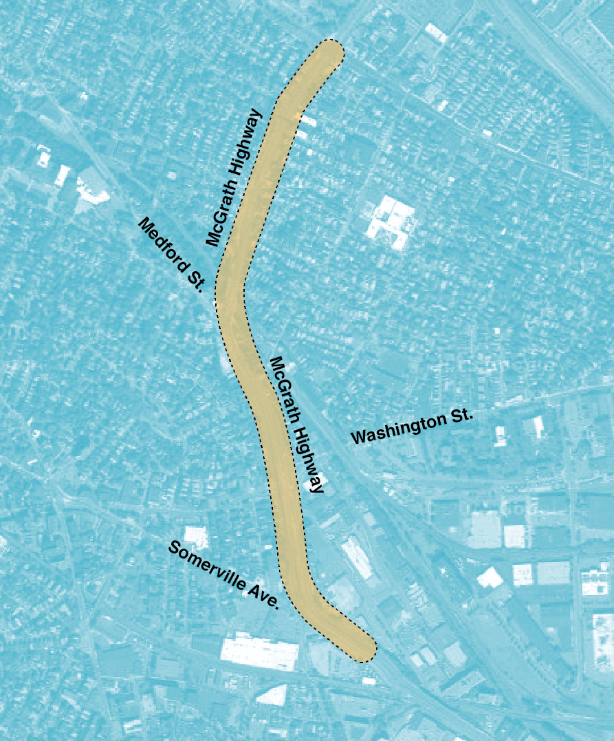 Figure 4-8. McGrath Boulevard Project Area
Figure 4-8 is a map of McGrath Highway, Medford Street, Somerville Avenue, and Washington Street.