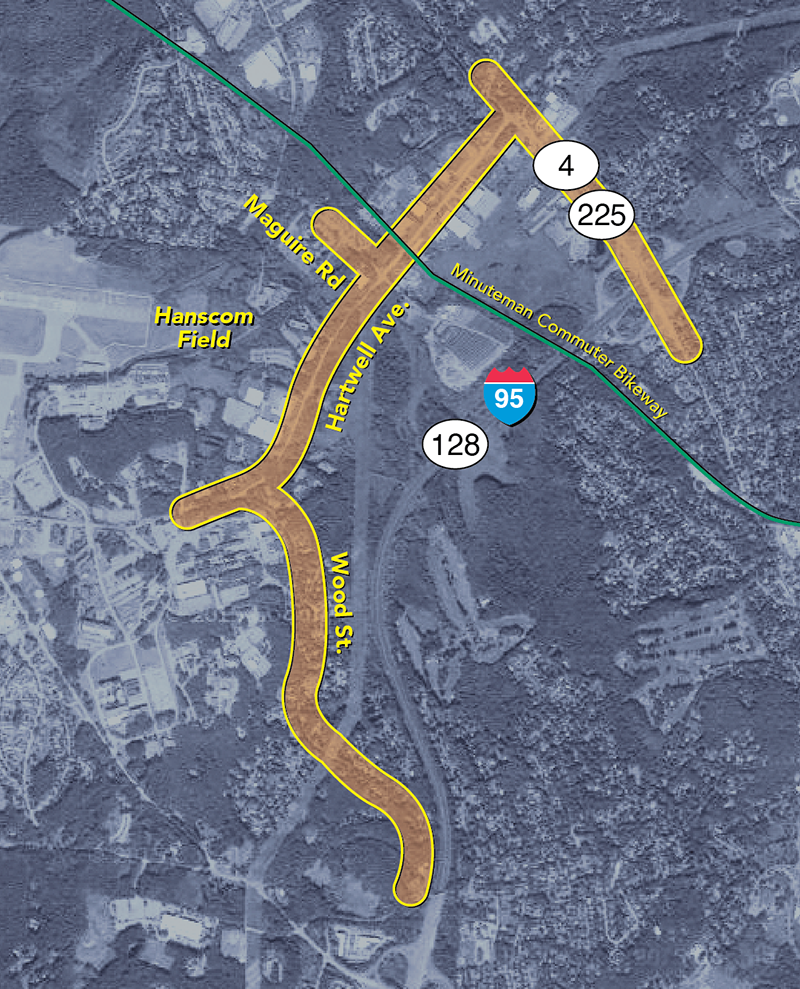 Map of Lexington: Routes 4/225 and Hartwell Avenue Map of Lexington: Routes 4/225 and Hartwell Avenue