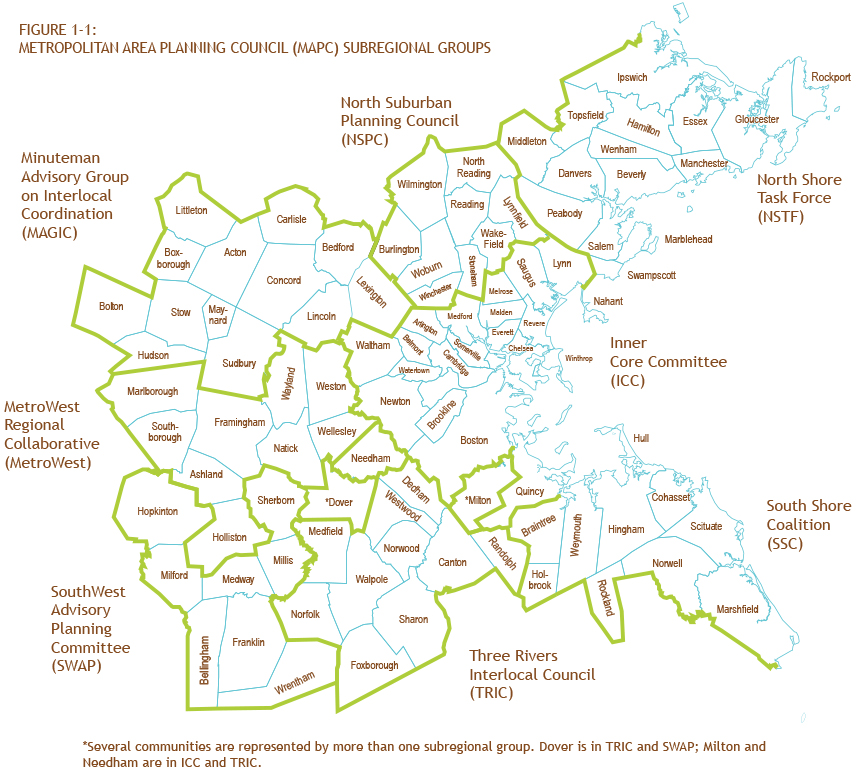 Figure 1-1 is a map that shows the physical reach of the Boston Region MPO area. It indicates that the MPO’s jurisdiction extends from Boston north to Ipswich, south to Marshfield, and west to Interstate 495. The map shows that the 97 cities and towns that make up the MPO area are divided into eight subregions.