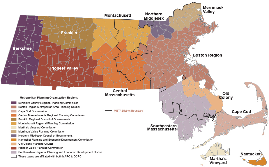 FIGURE 2. Metropolitan Planning Organization Regions
Figure 2 is a map of the MPO regions, color coded as follows: purple = Berkshire County Regional Planning Commission; mauve = Boston Region Metropolitan Area Planning Council; light mauve = Cape Cod Commission; orange = Central Massachusetts Regional Planning Commission; dark ochre = Franklin Regional Council of Governments; pale ochre = Montachusett Regional Planning Commission; sand = Martha's Vineyard Commission; beige = Merrimac Valley Planning Commission; lavender = Northern Middlesex Council of Governments; orange = Nantucket Planning and Economic Development Commission; peach = Old Colony Planning Council; plum = Pioneer Valley Planning Commission; light lavender = Southeastern Regional Planning and Economic Development District; light outline = These towns are affiliated with both MAPC & OCPC; dark outline = MBTA District Boundary.