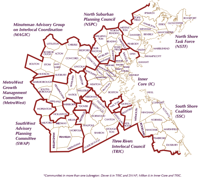 FIGURE 3. Boston Region MPO Area and MAPC Subregions
Figure 3 is a map outlining the Boston Region MPO area and MAPC subregions. The major regions are denoted by a thick red outline, and consist of: North Suburban Planning Council, North Shore Task Force, Inner Core, South Shore Coalition, Three Rivers Interlocal Council, SouthWest Advisory Planning Committee, MetroWest Growth Management Committee, and Minuteman Advisory Group on Interlocal Coordination. The subregions are denoted with a think ochre-colored line.