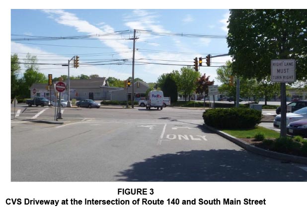 Figure 3 is an aerial view of the CVS driveway at the intersection of Route 140 and South Main Street, in Milford.